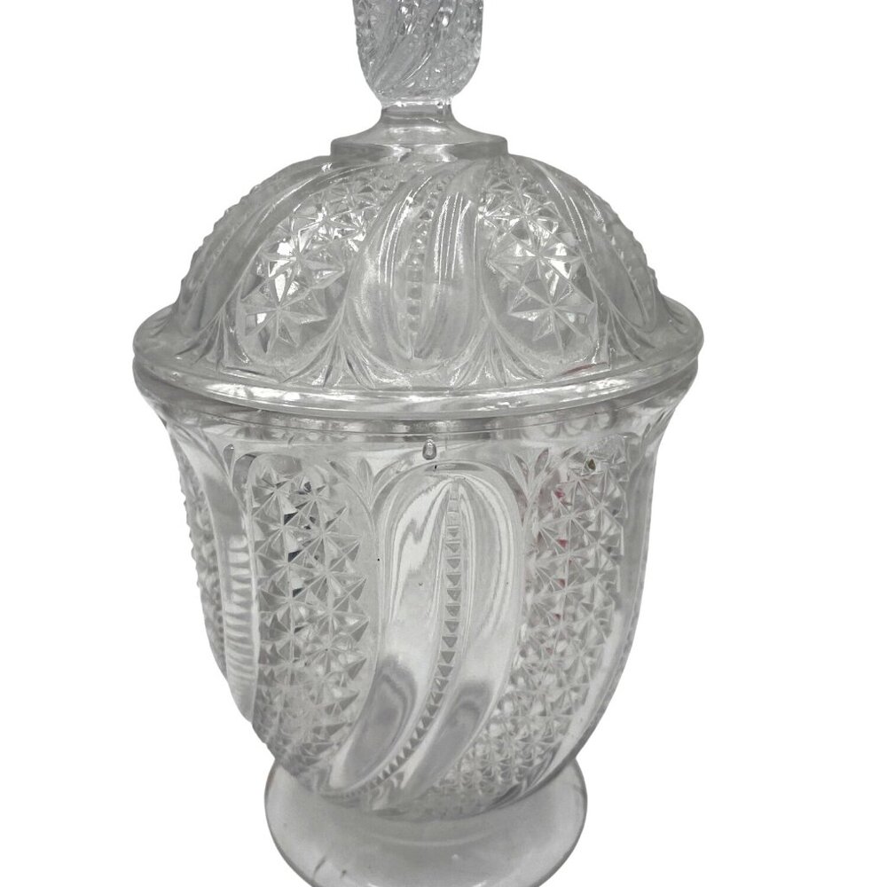 Vintage Glass EAPG Candy Dish Lid Clear Pressed Glass Swirl Feather Diamond Patt